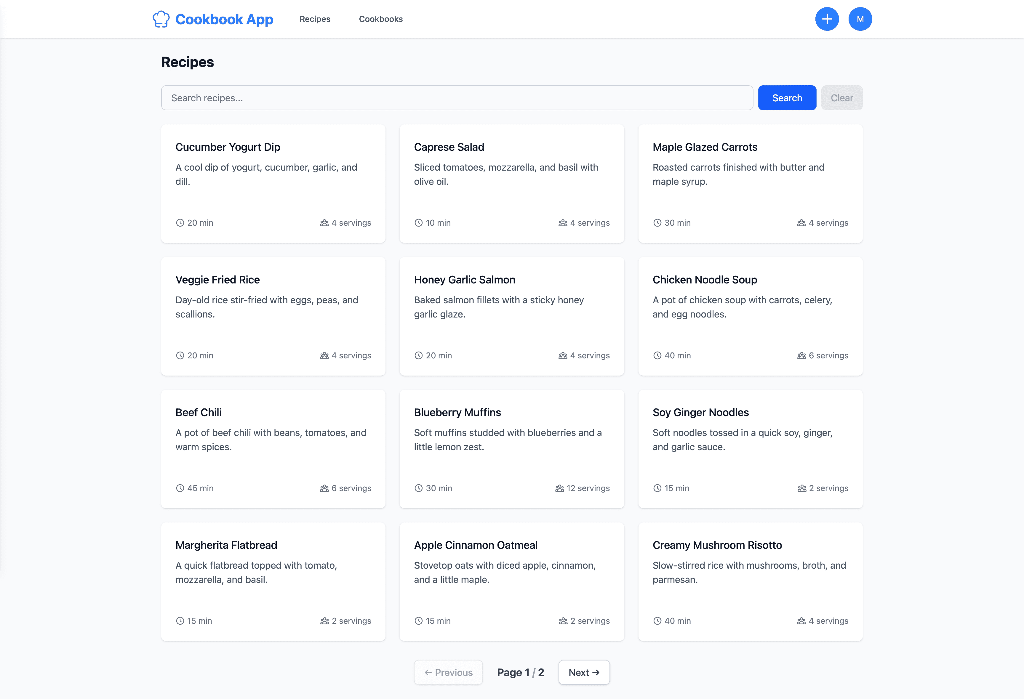 Cookbook recipe grid with search, cook times, and servings