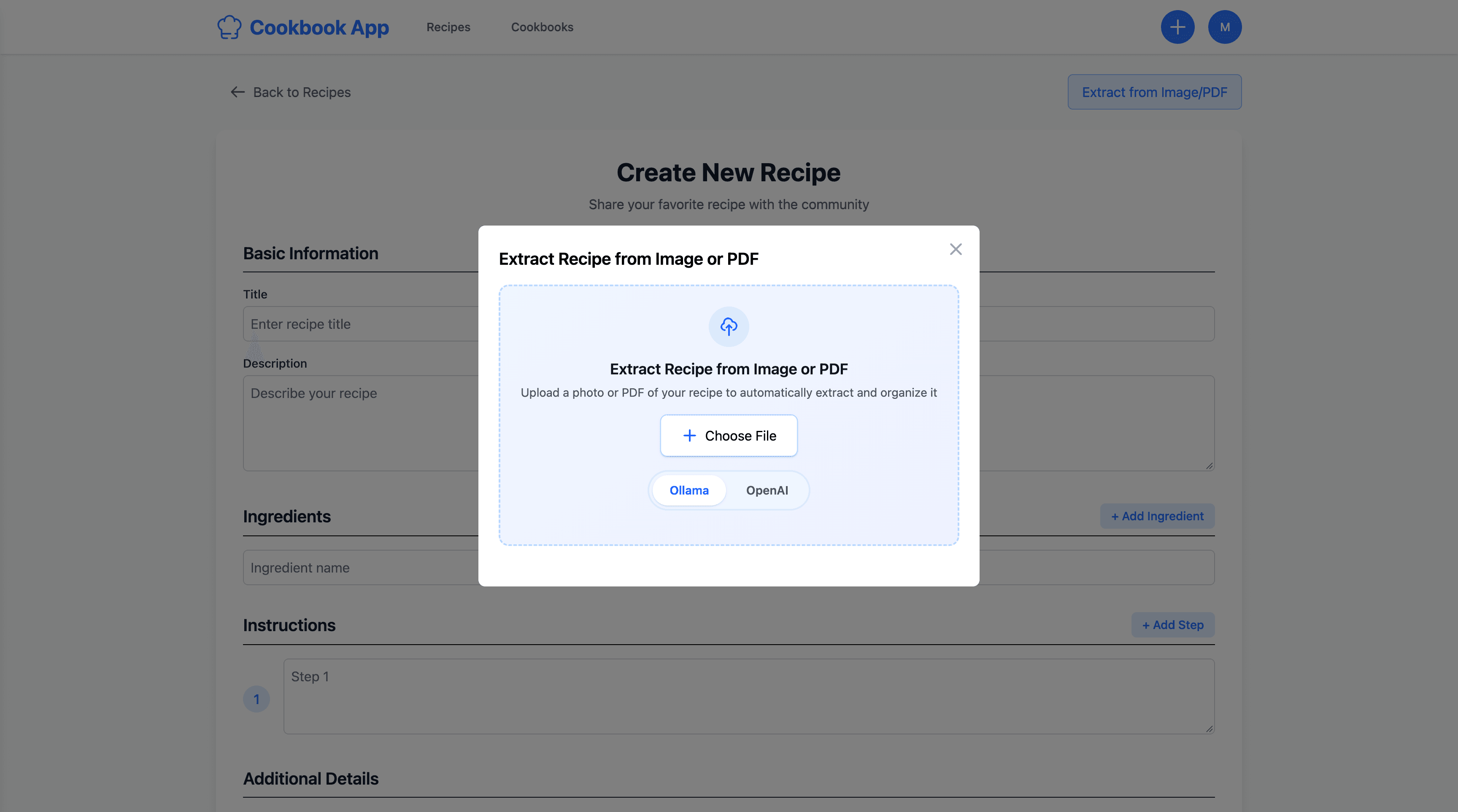 Cookbook dialog to extract a recipe from an image or PDF with Ollama or OpenAI