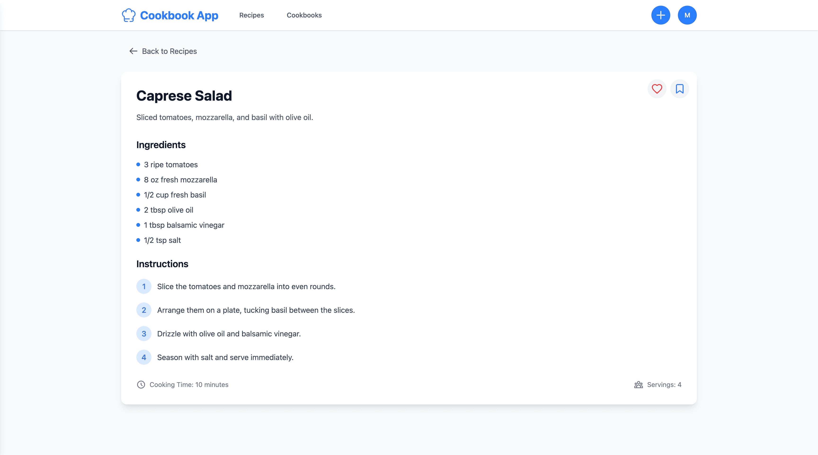 Cookbook recipe page for Caprese Salad with ingredients and instructions