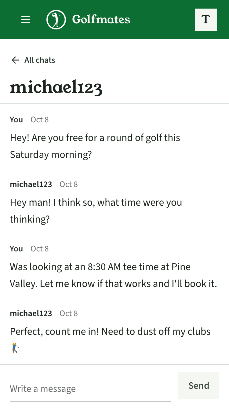 Golfmates chat arranging a Saturday tee time at Pine Valley