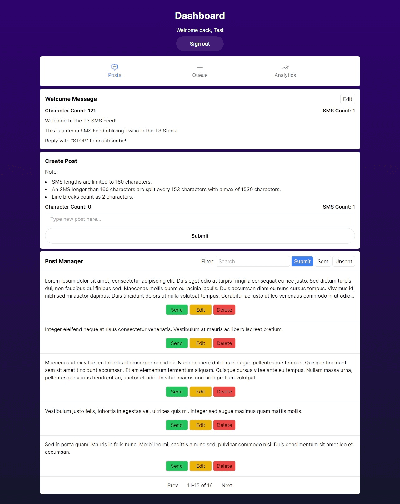 SMS Feed Posts Manager for writing, editing, and sending posts