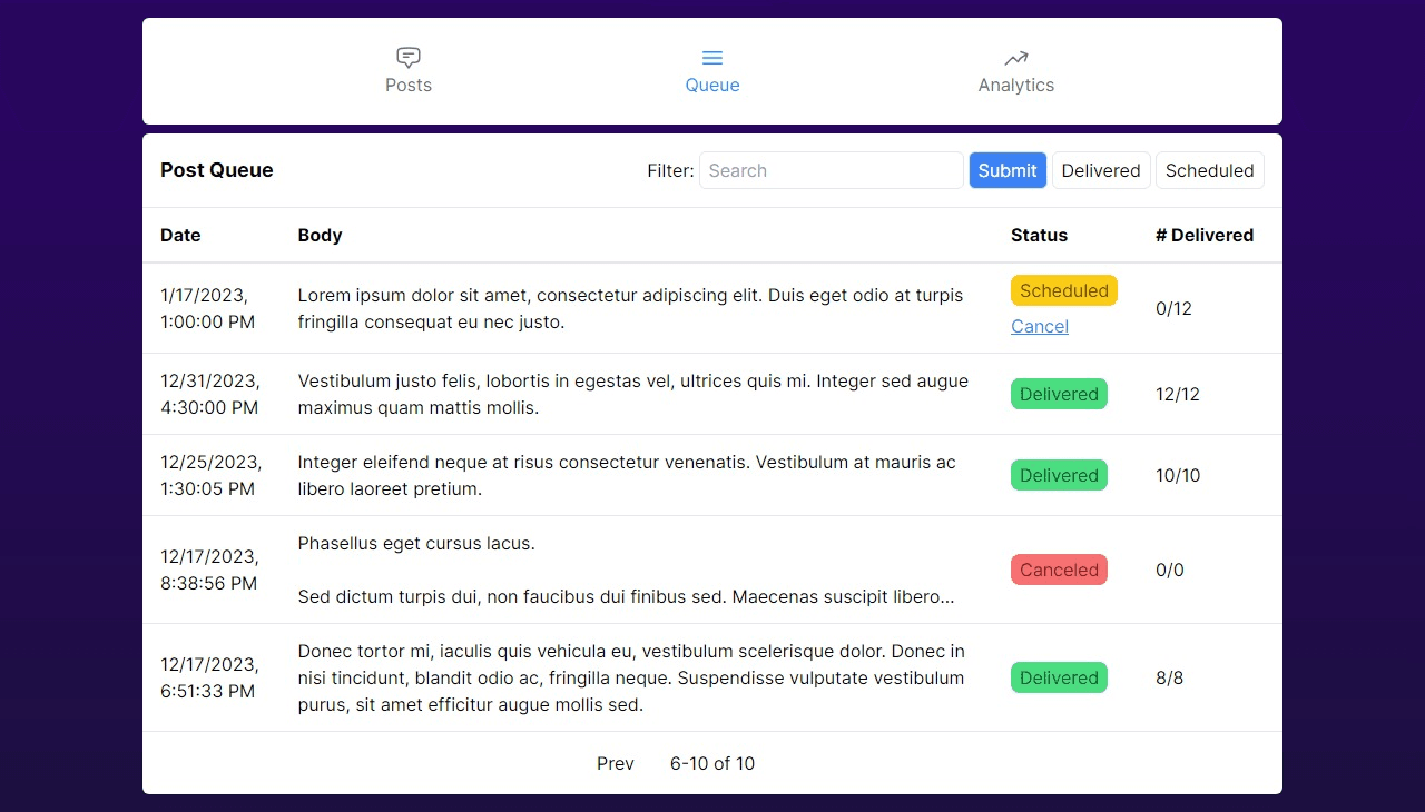 SMS Feed queue showing scheduled, delivered, and canceled messages